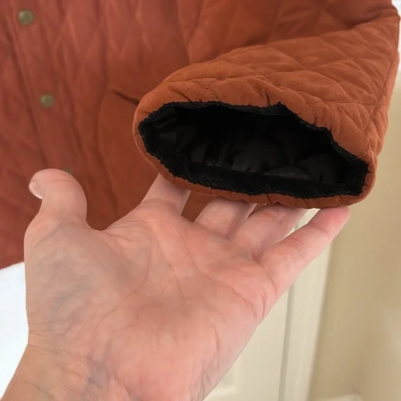 J Peterman Quilted Barn Jacket Brown Women’s M Corduroy Collar Button Front - Picture 8 of 15